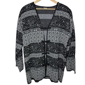 VTG Theo Miles Knit Long Cardigan Sweater 1X Gray Wool Blend Pearl Granny Jacket